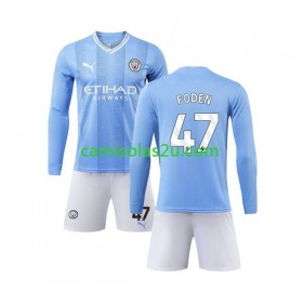 Camisolas de futebol Manchester City Phil Foden 47 Criança Equipamento Principal 2023/24 Manga Comprida
